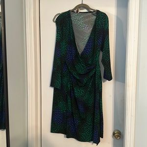 Blue and green print faux wrap dress
